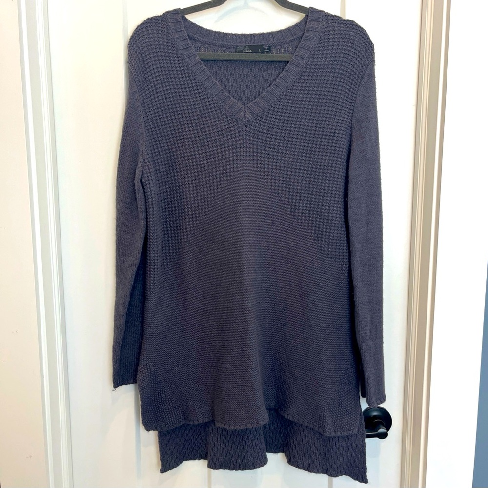 Prana Sweater Women's V Neck Long Length Textured Waffle Dark Gray Size Large
